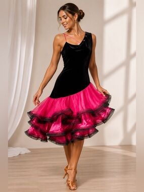 Black Velvet One Shoulder Latin Ballroom Dance Dress Hot Pink Ruffle Adult